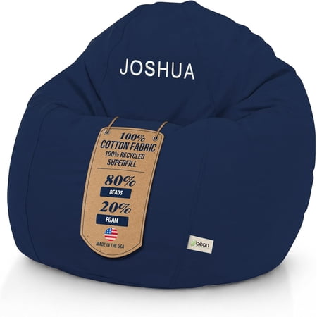 Monogrammed Cotton 36x36x40" Large Bean Bag Chair - w/Polystyrene Beads and CertiPUR Foam Filled Bean Bag for Adults, Teens and Kids - Navy