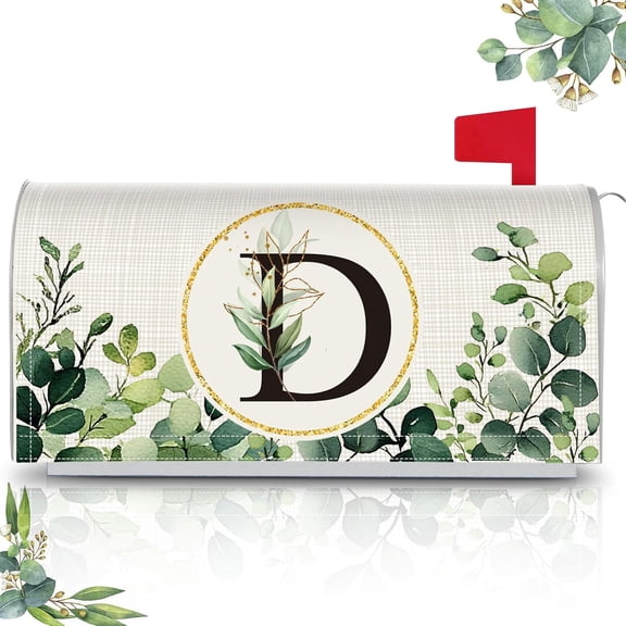Monogrammed D Mailbox Covers Magnetic Eucalyptus Welcome Letter Box Wrap Standard Size 21x18 Inch Spring Summer Leaves Mailbox Decor Eucalyptus Letter Numbers Decoration for Outdoor Garden Yard