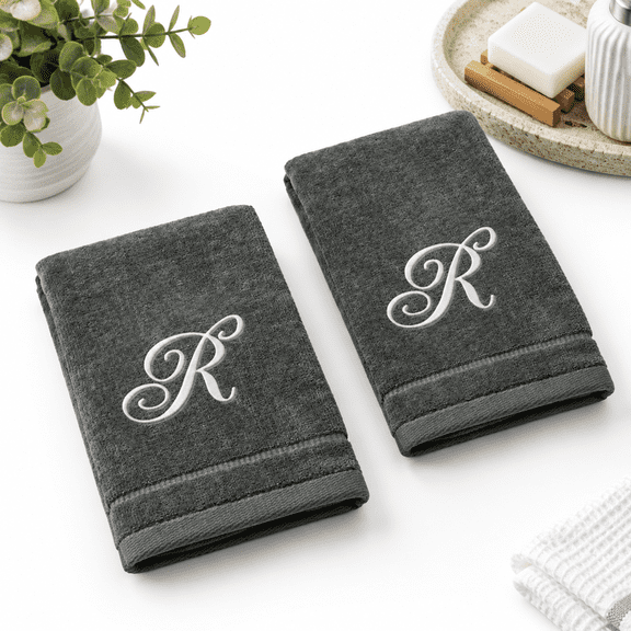 Monogrammed Fingertip Towels Set of 2, Initial R, 11 x 18 Inches, Soft Velour Absorbent Cotton