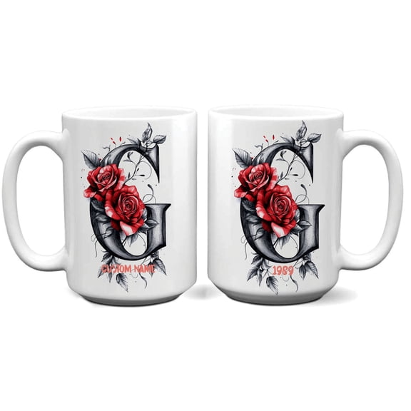 Monogrammed Floral Mug with Letter G, Personalized Ceramic Coffee Cup 11oz 15oz with Name Initial, Great for Women, Mom, Daughter, Daily Use or Casual Gatherings