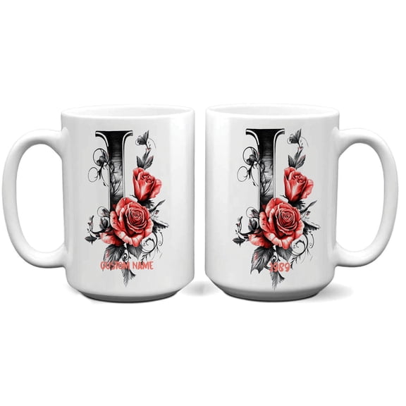 Monogrammed Floral Mug with Letter I, Personalized Ceramic Coffee Cup 11oz 15oz with Name Initial, Great for Women, Mom, Daughter, Daily Use or Casual Gatherings