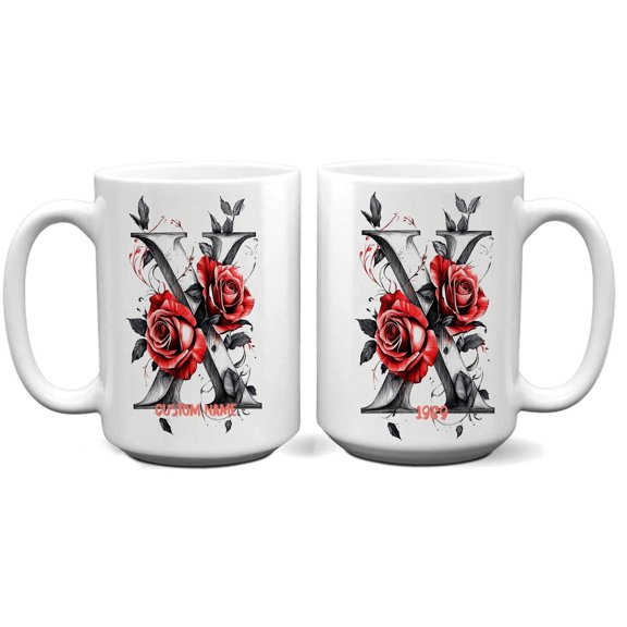 Monogrammed Floral Mug with Letter X, Personalized Ceramic Coffee Cup 11oz 15oz with Name Initial, Great for Women, Mom, Daughter, Daily Use or Casual Gatherings