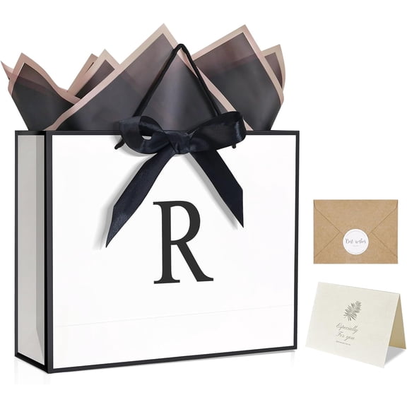 Monogrammed Gift Wrap Bag Personalized Initial Paper with Card Matching Envelope Sticker,Bow Ribbon and Wrapping Tissue Birthday Gifts for Women Men (White, R-Medium)