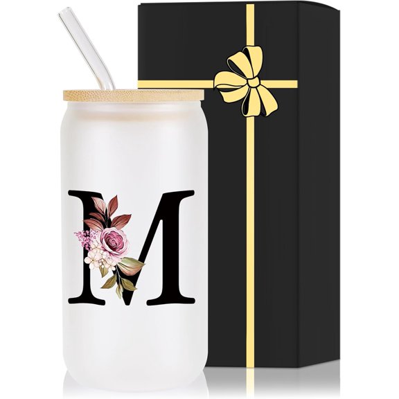 Monogrammed Glass Drinking Cup With Lid Straw Women Wife Ideal from Husband Happy Birthday Wedding Romantic Best Cool Personalized Unique Special Cute Custom Valentines Christmas Xmas Present Gifts,M