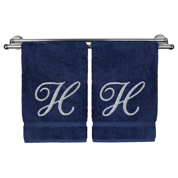 Monogrammed Hand Towel, Navy, 16 x 30 Inches - Set of 2, Extra Absorbent 100% Turkish Cotton, Soft Finish, for Bathroom, Kitchen and Spa