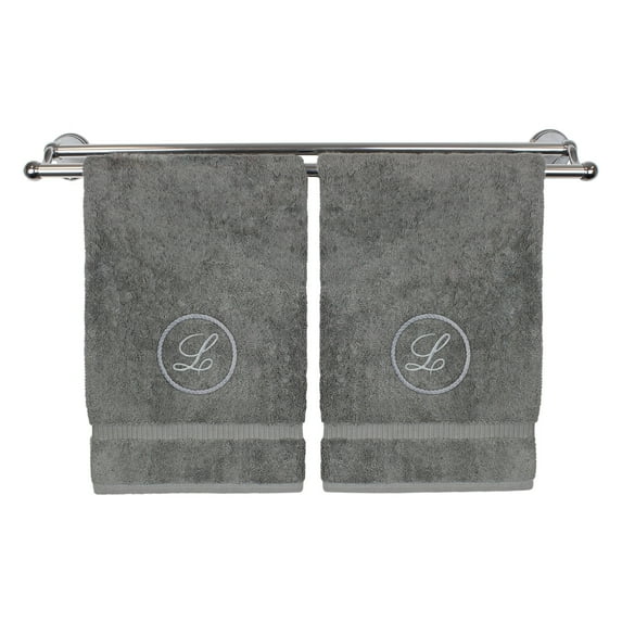 Monogrammed Hand Towel, Personalized Gift, 16 x 30 Inches - Black Letter Embroidered with Circle Design on Gray Towel - Extra Absorbent - 100% Turkish Cotton - Soft Terry Finish - Initial L