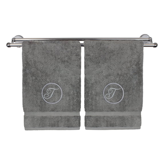 Monogrammed Hand Towel, Personalized Gift, 16 x 30 Inches - Black Letter Embroidered with Circle Design on Gray Towel - Extra Absorbent - 100% Turkish Cotton - Soft Terry Finish - Initial T
