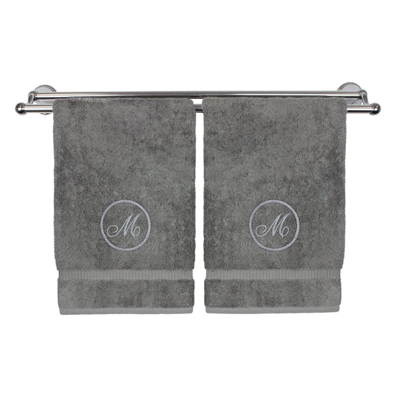Monogrammed Hand Towel, Personalized Gift, 16 x 30 Inches - Black Letter Embroidered with Circle Design on Gray Towel - Extra Absorbent - 100% Turkish Cotton - Soft Terry Finish - Initial M