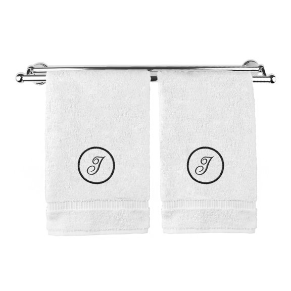 Monogrammed Hand Towel, Personalized Gift, 16 x 30 Inches - Black Letter Embroidered with Circle Design on White Towel - Extra Absorbent - 100% Turkish Cotton - Soft Terry Finish - Initial I