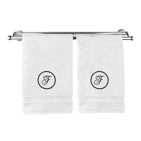 Monogrammed Hand Towel, Personalized Gift, 16 x 30 Inches - Black Letter Embroidered with Circle Design on White Towel - Extra Absorbent - 100% Turkish Cotton - Soft Terry Finish - Initial F