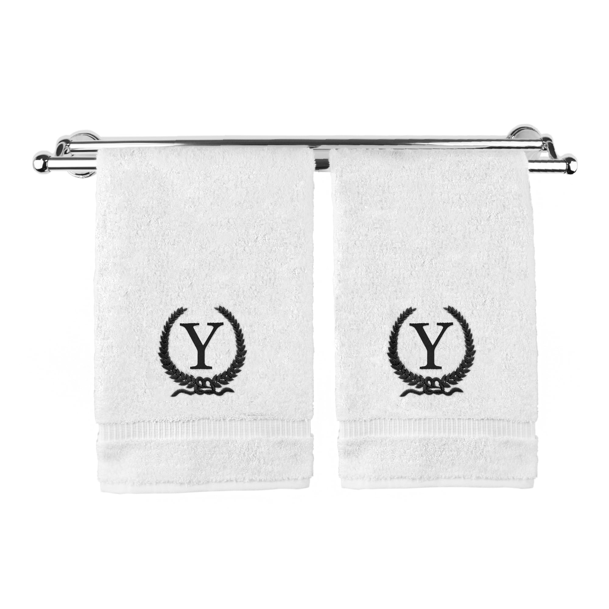 Monogrammed Hand Towel, Personalized Gift, 16 x 30 Inches - Black Letter Embroidered with Wreath Design on White Towel - Extra Absorbent - 100% Turkish Cotton - Soft Terry Finish - Initial Y
