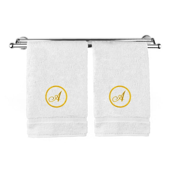 Monogrammed Hand Towel, Personalized Gift, 16 x 30 Inches - Gold Letter Embroidered with Circle Design on White Towel - Extra Absorbent - 100% Turkish Cotton - Soft Terry Finish - Initial A