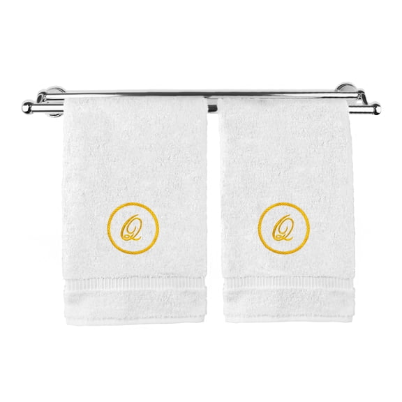 Monogrammed Hand Towel, Personalized Gift, 16 x 30 Inches - Gold Letter Embroidered with Circle Design on White Towel - Extra Absorbent - 100% Turkish Cotton - Soft Terry Finish - Initial Q