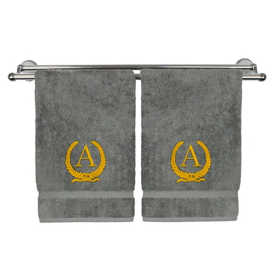 Monogrammed Hand Towel, Personalized Gift, 16 x 30 Inches - Gold Letter Embroidered with Wreath Design on Gray Towel - Extra Absorbent - 100% Turkish Cotton - Soft Terry Finish - Initial A