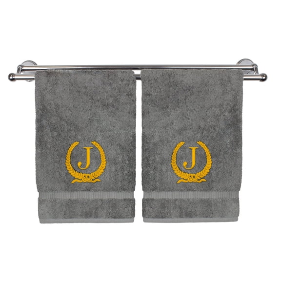 Monogrammed Hand Towel, Personalized Gift, 16 x 30 Inches - Gold Letter Embroidered with Wreath Design on Gray Towel - Extra Absorbent - 100% Turkish Cotton - Soft Terry Finish - Initial J