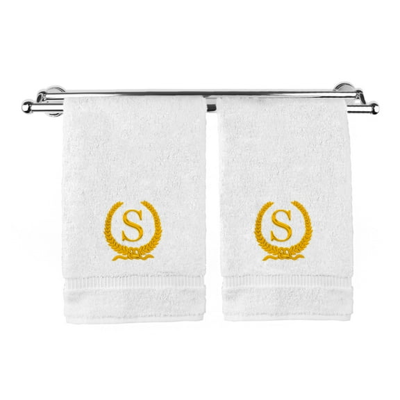 Monogrammed Hand Towel, Personalized Gift, 16 x 30 Inches - Gold Letter Embroidered with Wreath Design on White Towel - Extra Absorbent - 100% Turkish Cotton - Soft Terry Finish - Initial S