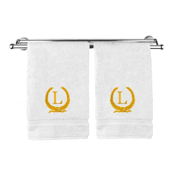 Monogrammed Hand Towel, Personalized Gift, 16 x 30 Inches - Gold Letter Embroidered with Wreath Design on White Towel - Extra Absorbent - 100% Turkish Cotton - Soft Terry Finish - Initial L