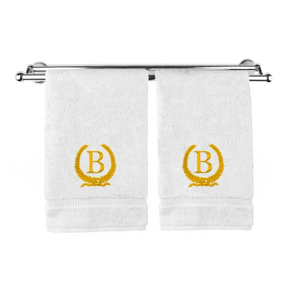 Monogrammed Hand Towel, Personalized Gift, 16 x 30 Inches - Gold Letter Embroidered with Wreath Design on White Towel - Extra Absorbent - 100% Turkish Cotton - Soft Terry Finish - Initial B