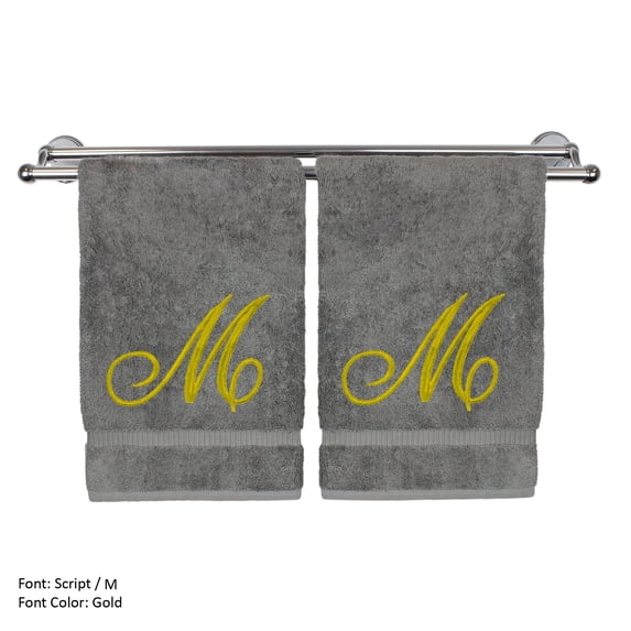 Monogrammed Hand Towel, Personalized Gift, 16 x 30 Inches - Set of 2 - Gold Embroidered Towel - Extra Absorbent 100% Turkish Cotton - Soft Terry Finish - for Bathroom, Kitchen and Spa - Script M Gray