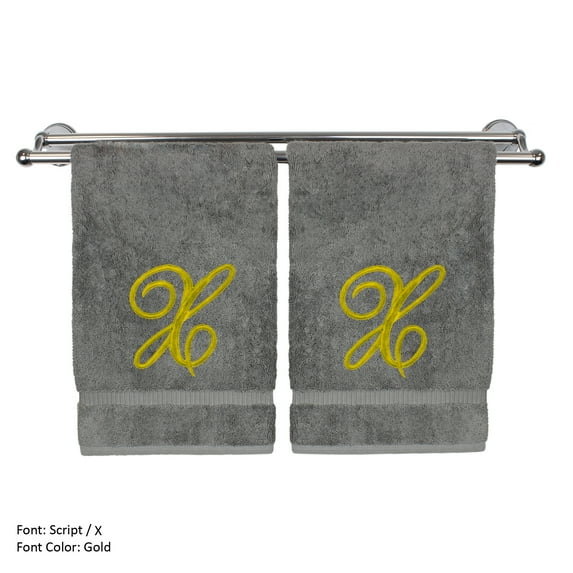 Monogrammed Hand Towel, Personalized Gift, 16 x 30 Inches - Set of 2 - Gold Embroidered Towel - Extra Absorbent 100% Turkish Cotton - Soft Terry Finish - for Bathroom, Kitchen and Spa - Script X Gray