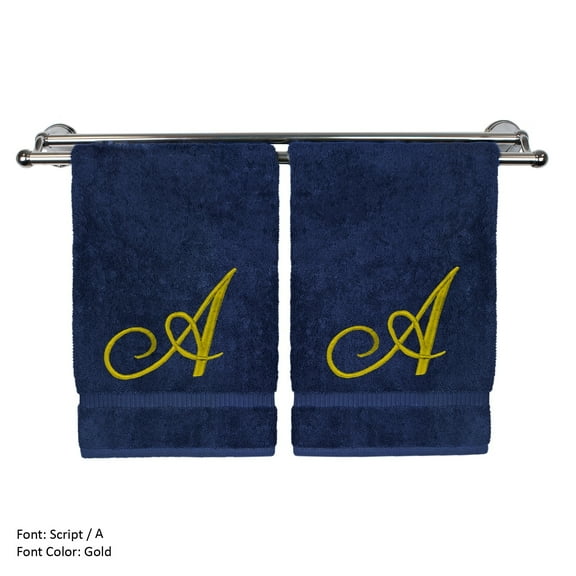 Monogrammed Hand Towel, Personalized Gift, 16 x 30 Inches - Set of 2 - Gold Embroidered Towel - Extra Absorbent 100% Turkish Cotton - Soft Terry Finish - for Bathroom, Kitchen and Spa - Script A Navy