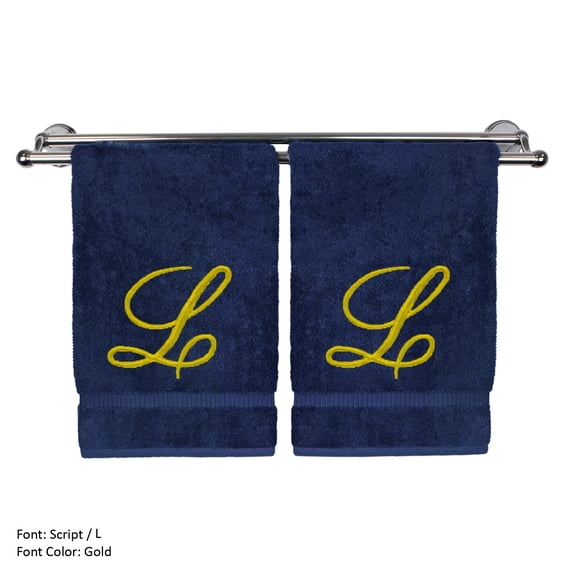 Monogrammed Hand Towel, Personalized Gift, 16 x 30 Inches - Set of 2 - Gold Embroidered Towel - Extra Absorbent 100% Turkish Cotton - Soft Terry Finish - for Bathroom, Kitchen and Spa - Script L Navy
