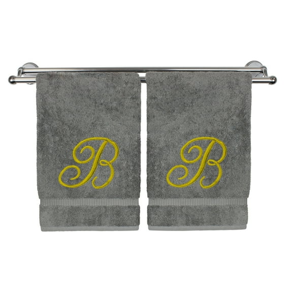 Monogrammed Hand Towel, Personalized Gift, 16 x 30 Inches - Set of 2 - Gold Embroidered Towel - Extra Absorbent 100% Turkish Cotton - Soft Terry Finish - for Bathroom, Kitchen and Spa - Script B Gray