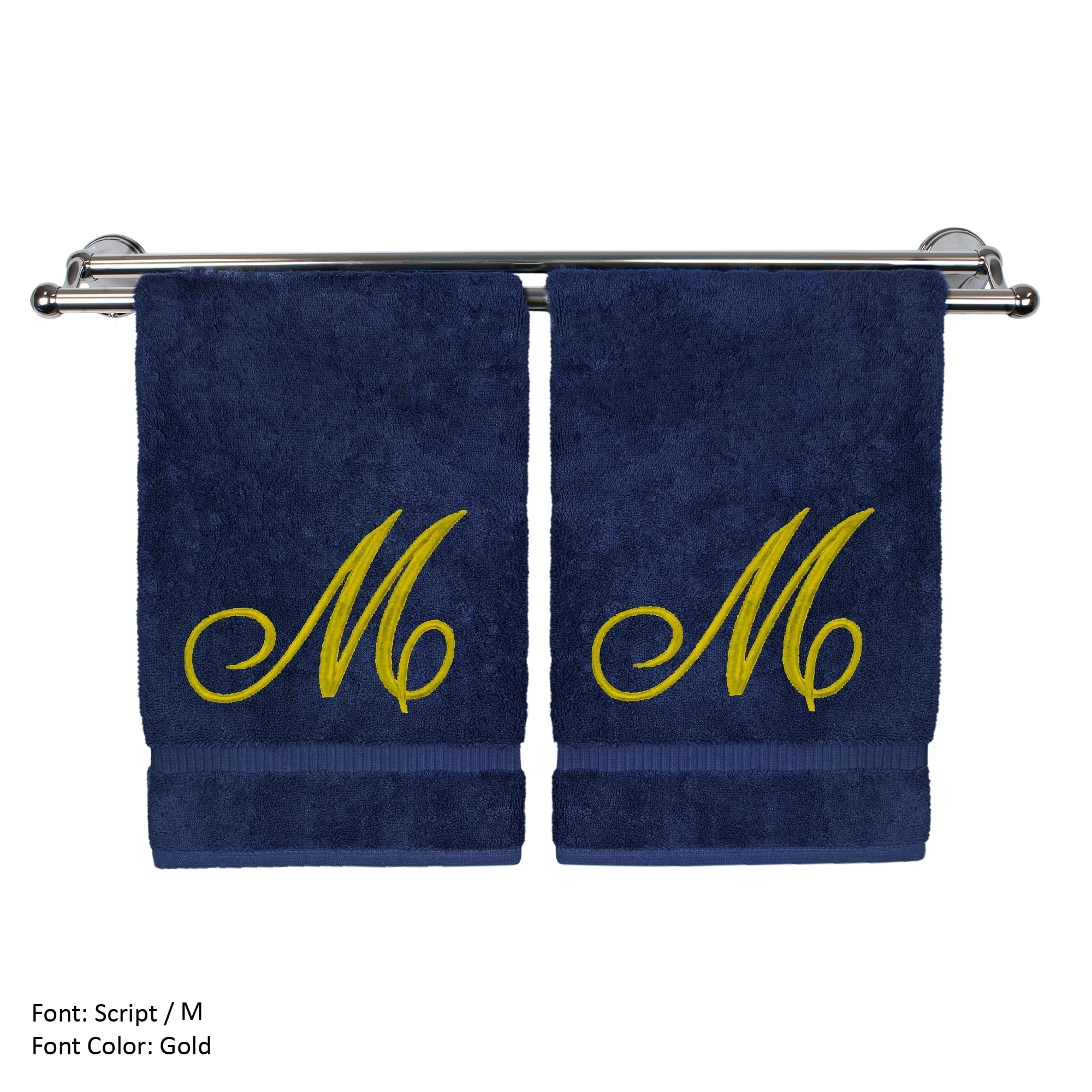 Monogrammed Hand Towel, Personalized Gift, 16 x 30 Inches - Set of 2 - Gold Embroidered Towel - Extra Absorbent 100% Turkish Cotton - Soft Terry Finish - for Bathroom, Kitchen and Spa - Script M Navy