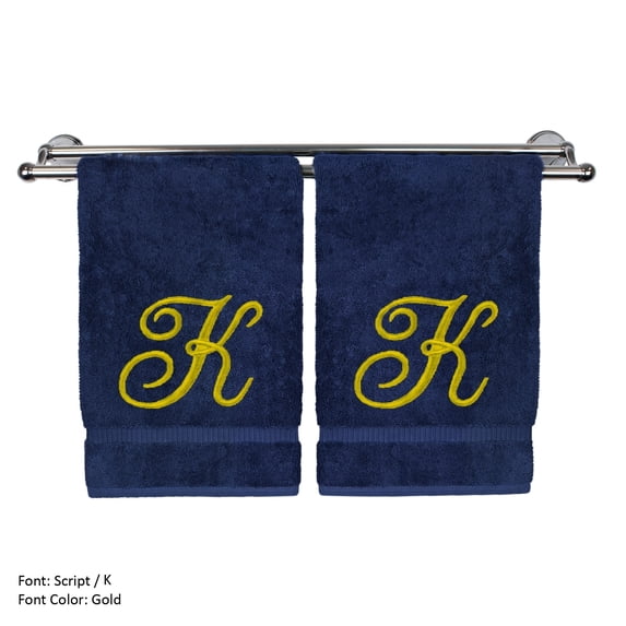 Monogrammed Hand Towel, Personalized Gift, 16 x 30 Inches - Set of 2 - Gold Embroidered Towel - Extra Absorbent 100% Turkish Cotton - Soft Terry Finish - for Bathroom, Kitchen and Spa - Script K Navy