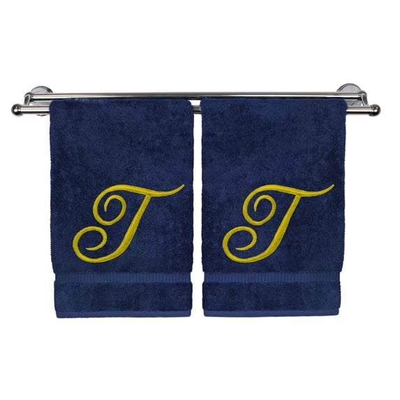 Monogrammed Hand Towel, Personalized Gift, 16 x 30 Inches - Set of 2 - Gold Embroidered Towel - Extra Absorbent 100% Turkish Cotton - Soft Terry Finish - for Bathroom, Kitchen and Spa - Script T Navy