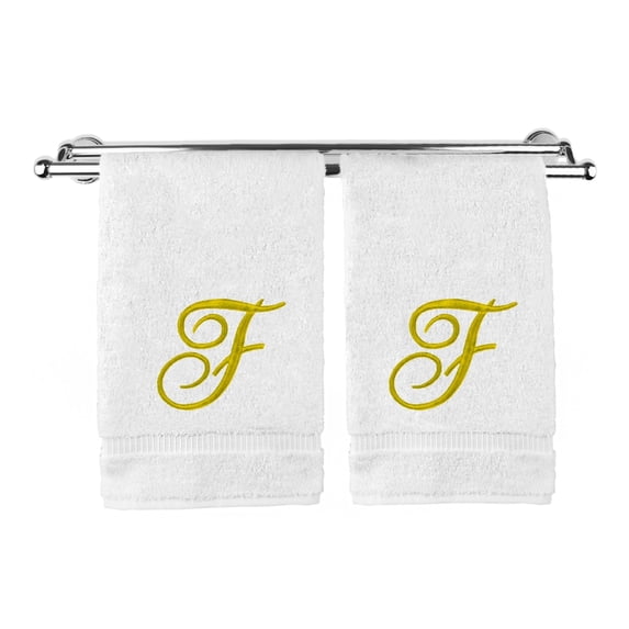 Monogrammed Hand Towel, Personalized Gift, 16 x 30 Inches - Set of 2 - Gold Embroidered Towel - Extra Absorbent 100% Turkish Cotton- Soft Terry Finish - for Bathroom, Kitchen and Spa- Script F White