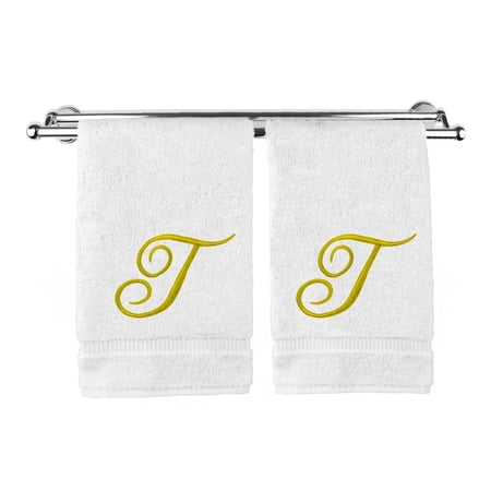 Monogrammed Hand Towel, Personalized Gift, 16 x 30 Inches - Set of 2 - Gold Embroidered Towel - Extra Absorbent 100% Turkish Cotton- Soft Terry Finish - for Bathroom, Kitchen and Spa- Script T White