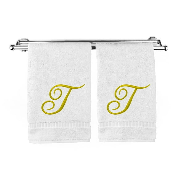 Monogrammed Hand Towel, Personalized Gift, 16 x 30 Inches - Set of 2 - Gold Embroidered Towel - Extra Absorbent 100% Turkish Cotton- Soft Terry Finish - for Bathroom, Kitchen and Spa- Script T White