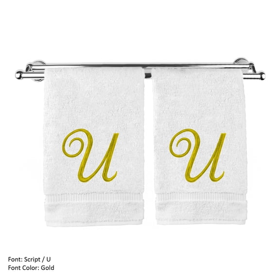 Monogrammed Hand Towel, Personalized Gift, 16 x 30 Inches - Set of 2 - Gold Embroidered Towel - Extra Absorbent 100% Turkish Cotton- Soft Terry Finish - for Bathroom, Kitchen and Spa- Script U White
