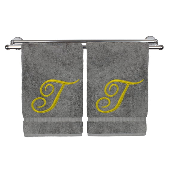Monogrammed Hand Towel, Personalized Gift, 16 x 30 Inches - Set of 2 - Gold Embroidered Towel - Extra Absorbent 100% Turkish Cotton - Soft Terry Finish - for Bathroom, Kitchen and Spa - Script T Gray