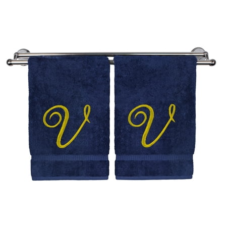 Monogrammed Hand Towel, Personalized Gift, 16 x 30 Inches - Set of 2 - Gold Embroidered Towel - Extra Absorbent 100% Turkish Cotton - Soft Terry Finish - for Bathroom, Kitchen and Spa - Script V Navy