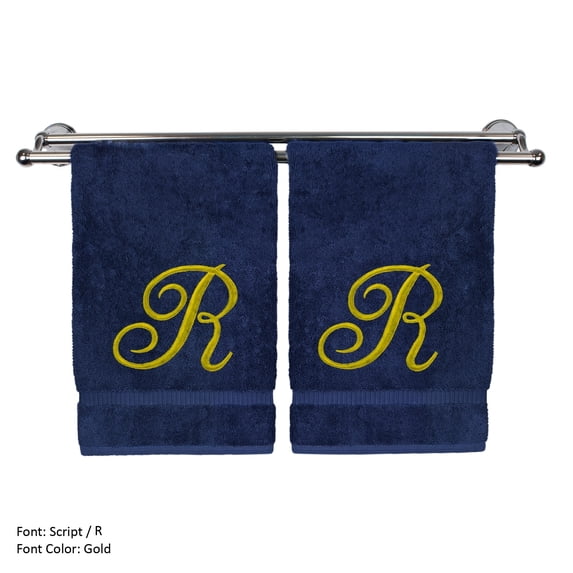 Monogrammed Hand Towel, Personalized Gift, 16 x 30 Inches - Set of 2 - Gold Embroidered Towel - Extra Absorbent 100% Turkish Cotton - Soft Terry Finish - for Bathroom, Kitchen and Spa - Script R Navy
