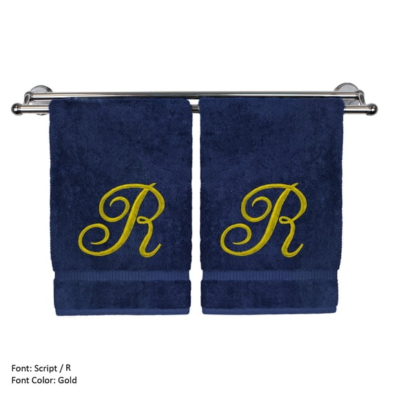 Monogrammed Hand Towel, Personalized Gift, 16 x 30 Inches - Set of 2 - Gold Embroidered Towel - Extra Absorbent 100% Turkish Cotton - Soft Terry Finish - for Bathroom, Kitchen and Spa - Script R Navy