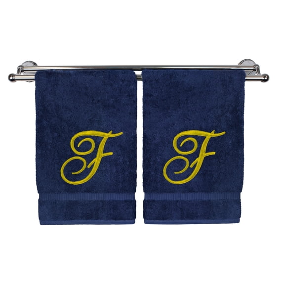 Monogrammed Hand Towel, Personalized Gift, 16 x 30 Inches - Set of 2 - Gold Embroidered Towel - Extra Absorbent 100% Turkish Cotton - Soft Terry Finish - for Bathroom, Kitchen and Spa - Script F Navy