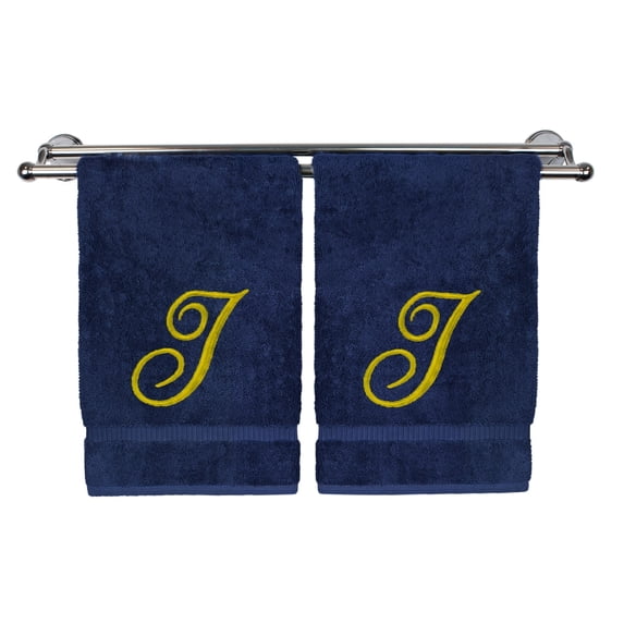 Monogrammed Hand Towel, Personalized Gift, 16 x 30 Inches - Set of 2 - Gold Embroidered Towel - Extra Absorbent 100% Turkish Cotton - Soft Terry Finish - for Bathroom, Kitchen and Spa - Script I Navy