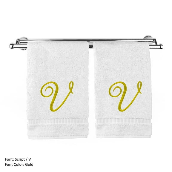 Monogrammed Hand Towel, Personalized Gift, 16 x 30 Inches - Set of 2 - Gold Embroidered Towel - Extra Absorbent 100% Turkish Cotton- Soft Terry Finish - for Bathroom, Kitchen and Spa- Script V White