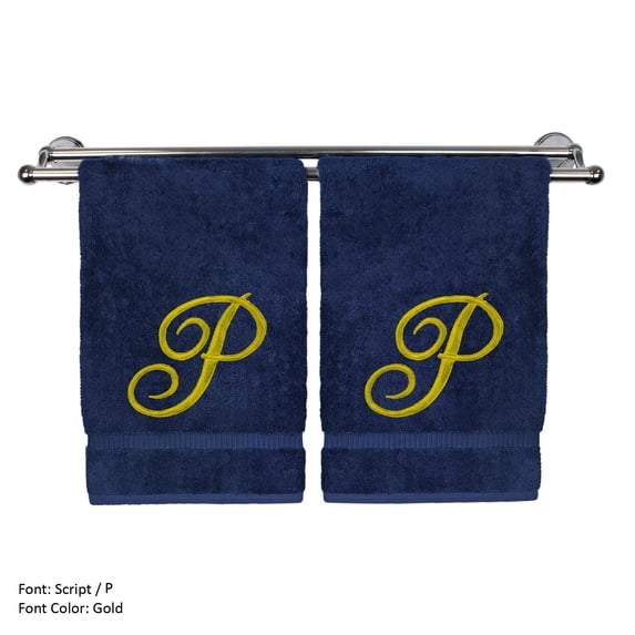 Monogrammed Hand Towel, Personalized Gift, 16 x 30 Inches - Set of 2 - Gold Embroidered Towel - Extra Absorbent 100% Turkish Cotton - Soft Terry Finish - for Bathroom, Kitchen and Spa - Script P Navy