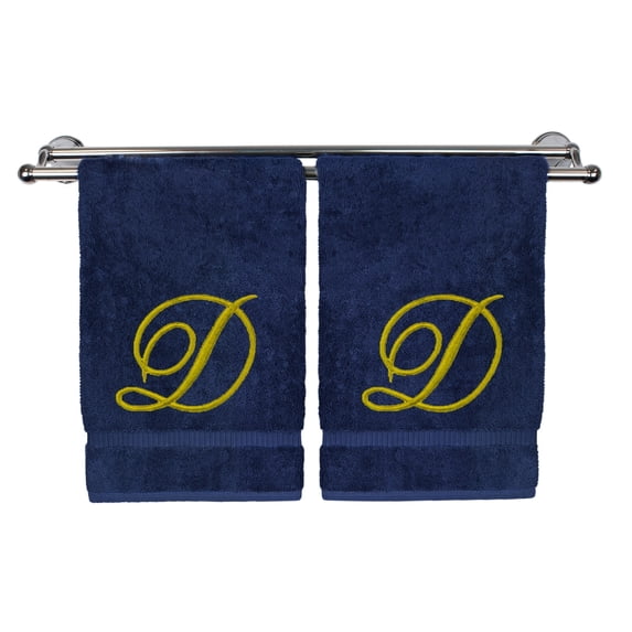Monogrammed Hand Towel, Personalized Gift, 16 x 30 Inches - Set of 2 - Gold Embroidered Towel - Extra Absorbent 100% Turkish Cotton - Soft Terry Finish - for Bathroom, Kitchen and Spa - Script D Navy