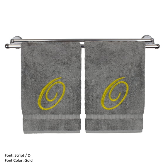 Monogrammed Hand Towel, Personalized Gift, 16 x 30 Inches - Set of 2 - Gold Embroidered Towel - Extra Absorbent 100% Turkish Cotton - Soft Terry Finish - for Bathroom, Kitchen and Spa - Script O Gray