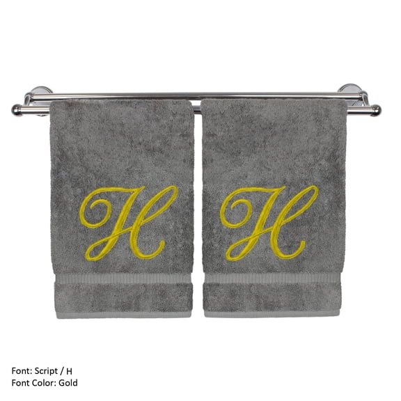 Monogrammed Hand Towel, Personalized Gift, 16 x 30 Inches - Set of 2 - Gold Embroidered Towel - Extra Absorbent 100% Turkish Cotton - Soft Terry Finish - for Bathroom, Kitchen and Spa - Script H Gray