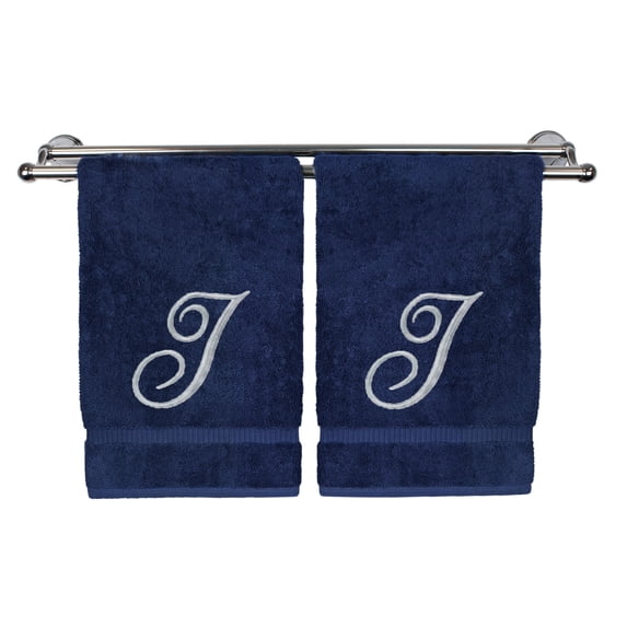 Monogrammed Hand Towel, Personalized Gift, 16 x 30 Inches - Set of 2 - Silver Embroidered Towel - Extra Absorbent 100% Turkish Cotton- Soft Terry Finish - For Bathroom, Kitchen and Spa- Script I Navy
