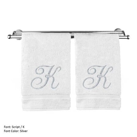 Monogrammed Hand Towel, Personalized Gift, 16 x 30 Inches - Set of 2 - Silver Embroidered Towel - Extra Absorbent 100% Turkish Cotton- Soft Terry Finish - For Bathroom, Kitchen and Spa- Script K White