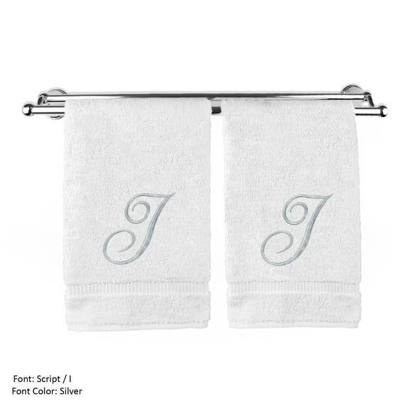 Monogrammed Hand Towel, Personalized Gift, 16 x 30 Inches - Set of 2 - Silver Embroidered Towel - Extra Absorbent 100% Turkish Cotton- Soft Terry Finish - For Bathroom, Kitchen and Spa- Script I White
