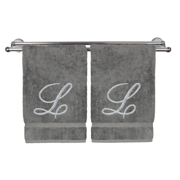 Monogrammed Hand Towel, Personalized Gift, 16 x 30 Inches - Set of 2 - Silver Embroidered Towel - Extra Absorbent 100% Turkish Cotton- Soft Terry Finish - for Bathroom, Kitchen and Spa- Script L Gray