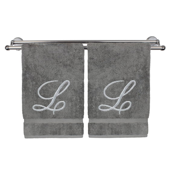 Monogrammed Hand Towel, Personalized Gift, 16 x 30 Inches - Set of 2 - Silver Embroidered Towel - Extra Absorbent 100% Turkish Cotton- Soft Terry Finish - for Bathroom, Kitchen and Spa- Script L Gray